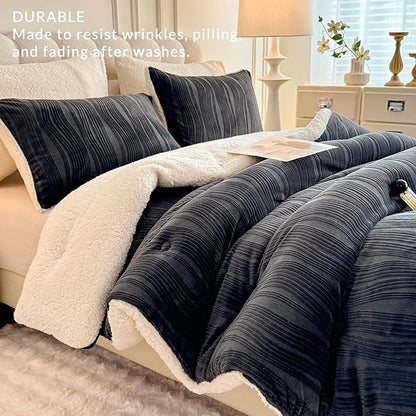 3D Striped Jacquard Sherpa Comforter Set King Size, Boho Geometric Pattern Quilt Bedding 3 Pieces Warm Cozy Fuzzy Comforter with 2 Pillowcases(104"X90" Dark Grey)