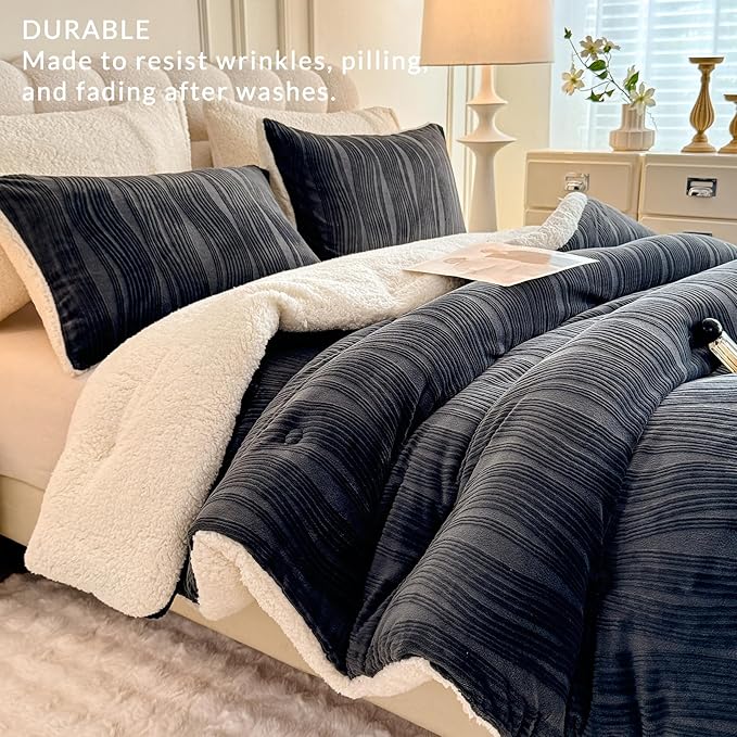 3D Striped Jacquard Sherpa Comforter Set Queen Size, Boho Geometric Pattern Quilt Bedding 3 Pieces Warm Cozy Fuzzy Comforter with 2 Pillowcases(90"X90" Dark Grey)