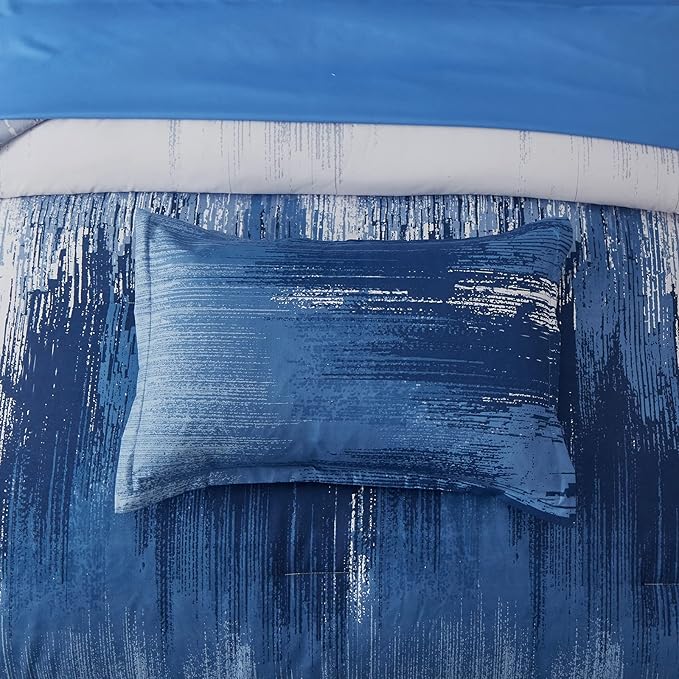 Dinjoy Ombre Blue Comforter Set Twin Size Reversible Gradient Blue Grey Boho Bedding Set for Men Women 7 Pieces Bed in A Bag Bohemian Bed Set with Comforter, Sheets, Pillowcases & Shams
