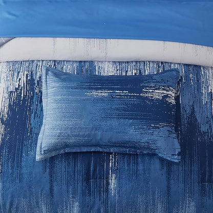 Dinjoy Ombre Blue Comforter Set Twin Size Reversible Gradient Blue Grey Boho Bedding Set for Men Women 7 Pieces Bed in A Bag Bohemian Bed Set with Comforter, Sheets, Pillowcases & Shams