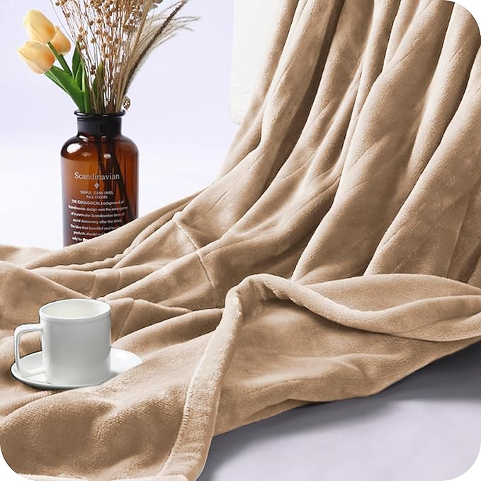 Electric Heated Blanket Twin Size 62"×84", Breathable & Luxurious Flannel, Soft Warm Gift with Over-Heat Protection, 4 Heating Levels & 10 H Auto Shut Off, Machine Washable, Light Brown