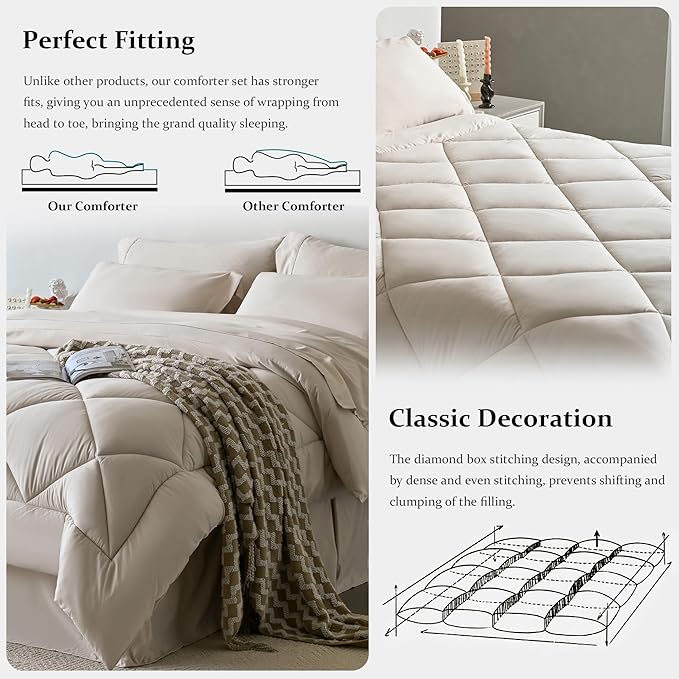 Newspin Queen Comforter Set Beige - Bed in a Bag Queen Size 8 Pieces, All Season Bed Set, Fluffy Comforter Set with Sheets, Sheet Set Quilt Blanket, Pillowcases & Shams & Bed Skirt