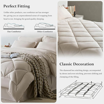 Newspin Queen Comforter Set Beige - Bed in a Bag Queen Size 8 Pieces, All Season Bed Set, Fluffy Comforter Set with Sheets, Sheet Set Quilt Blanket, Pillowcases & Shams & Bed Skirt