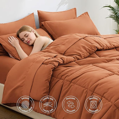 Love's cabin King Size Comforter Set Burnt Orange, 7 Pieces King Bed in a Bag, All Season Bedding Sets with 1 Comforter, 1 Flat Sheet, 1 Fitted Sheet, 2 Pillowcase and 2 Pillow Sham