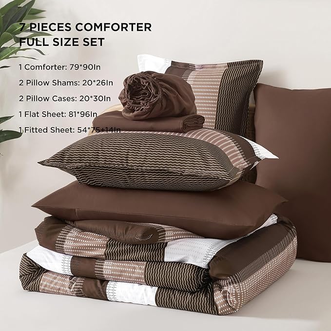 Andency Full Size Comforter Set Brown - 7 Pieces Striped Lightweight Bed in a Bag, Soft Microfiber Reversible Bedding Set with Comforter, Fitted & Flat Sheet, Pillowcases & Shams