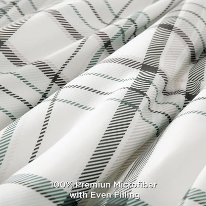 Andency Green White Plaid Comforter Set Twin(66x90 Inch), 2 Pieces Preppy Grid Gingham Stripes Bedding Comforter Sets for Boys Girls Kids, Green Line Soft Lightweight Geometric Reversible Bed Set