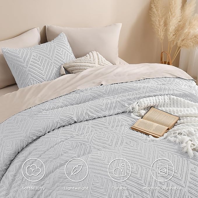 Andency Light Grey King Size Comforter Set, 3 Pieces Boho Bedding Set & Collections, Farmhouse Tufted Fluffy Bedding Comforter Sets for King Bed (1 Comforter 104x90In, 2 Pillowcases)