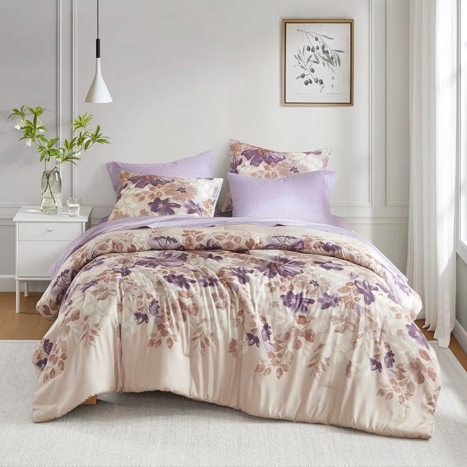 Madison Park Essentials Comforter Set with Sheets, Floral Bed in A Bag Microfiber Comforter, Shabby Chic King Bedding Set Diamond Printed Sheet, Luna, King, Taupe 7 Piece