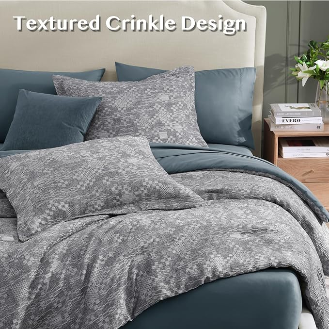 MaiRêve Queen Comforter Set Navy Blue, Crinkle Textured Design Bedding Set 7 Pieces Bed in A Bag, All Season Farmhouse Comforter Set with Sheets, Pillowcases & Shams