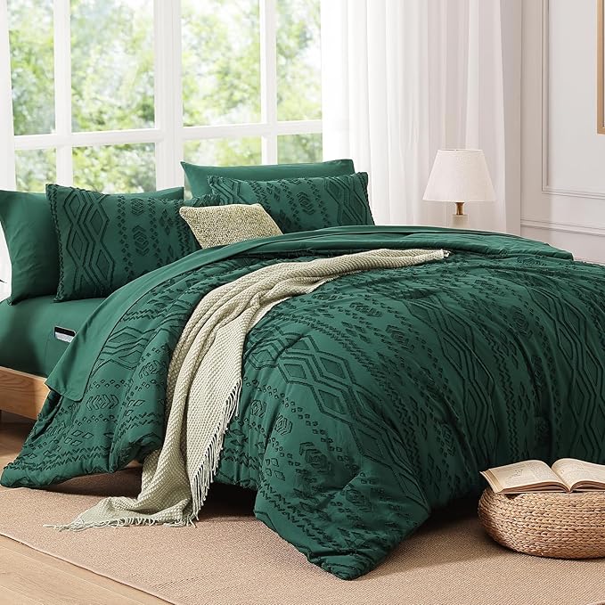 Full Size Comforter Set Emerald Green, Tufted Boho Bedding Dark Green Farmhouse Bed Set, All Season 7 Pieces Bed in a Bag with Sheets, Pillowcases & Shams