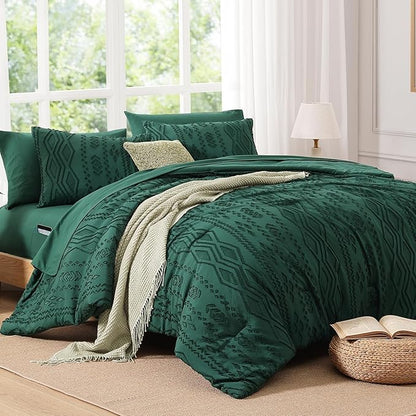 Full Size Comforter Set Emerald Green, Tufted Boho Bedding Dark Green Farmhouse Bed Set, All Season 7 Pieces Bed in a Bag with Sheets, Pillowcases & Shams