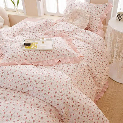 MKXI King Size Pink Floral Ruffle Comforter Set - 3 Piece Pastoral Ruffled Floral Comforter with Pillow Shams, Reversible Pink Flower & Striped Design, Soft Aesthetic Bedding Set for Teen Girls