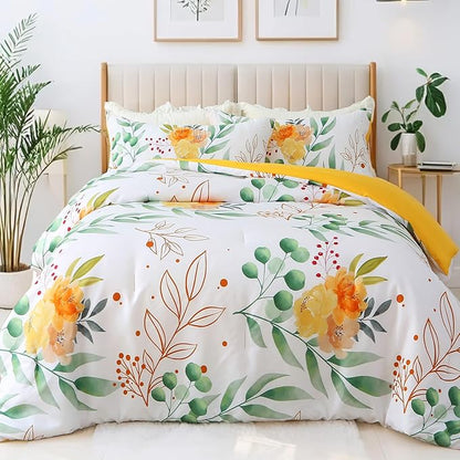 Queen Comforter Set Yellow 3 Pieces Bed in a Bag, Floral Bedding Sets Elegant Botanical Bed Set Lightweight Soft Comforter with 2 Pillowcases for All Season