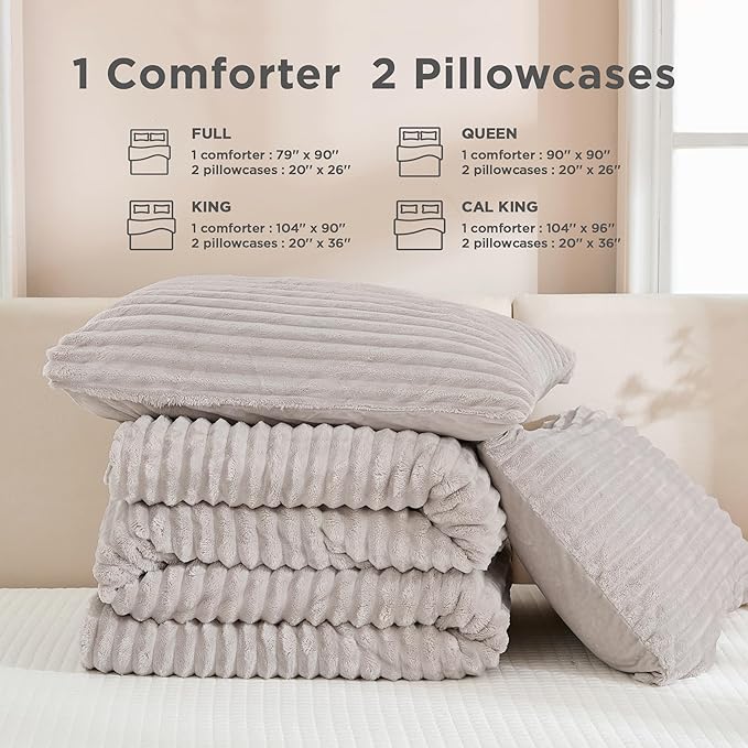 Andency Fleece Queen Comforter Set, 3 Pieces Linen Grey Comforter Set for Queen Size Bed, Soft Warm Fluffy Fuzzy Linen Gray Bedding Set for Winter (1 Comforter & 2 Pillowcases)