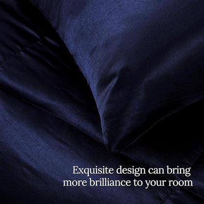 Whale Flotilla 3-Piece Reversible Silky Soft Queen Comforter Bedding Set, Luxurious Satin Comforters Full Size with 2 Satin Pillowcases, Lightweight Duvet for All Seasons, Navy