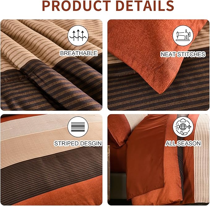 Anibedding Terracotta Queen Comforter Set 7 Pieces, Burnt Orange Bedding Comforter Set for All Season, Patchwork Striped Bed in a Bag with Sheets