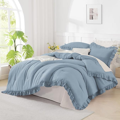Andency Grayish Blue King Comforter Set(104x90Inch), 3 Pieces Lightweight Winter Summer Warm Fluffy Bedding Comforter Set, All Season Microfiber Shabby Chic(1 Ruffle Comforter and 2 Pillowcases)