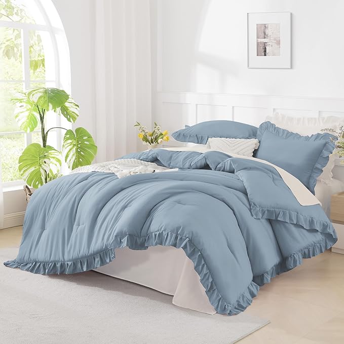 Andency Grayish Blue Full Size Comforter Set(79x90Inch), 3 Pieces(1 Ruffle Comforter and 2 Pillowcases) Lightweight Fluffy Bedding Comforter Sets Full Bed, All Season Soft Microfiber Bedding Set