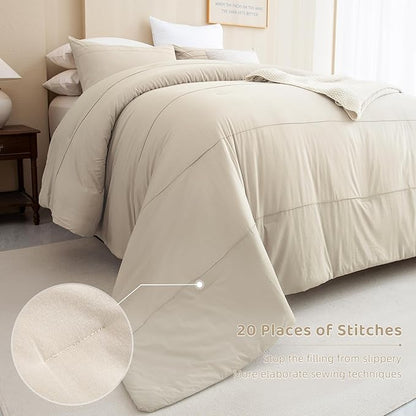 Sanracie Oversized King Comforter 128 * 120, Cotton Comforter King Size Extra Large Pinch Pleat Stripe Pattern,Solid Color Wheat Bedding Comforter Set Linen Feel Textured 3pcs Soft Neutral Bedding
