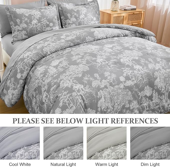 DJY Grey Comforter Set Queen, 7 Pieces Grey Botanical Comforters Queen Size Elegant Plants Print with Sheets Bed in a Bag Soft Microfiber Reversible Complete Bedding Sets for All Season