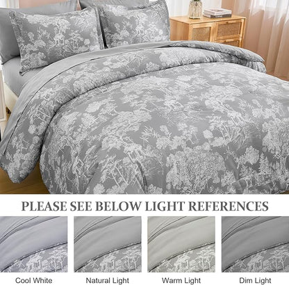 DJY Grey Comforter Set Queen, 7 Pieces Grey Botanical Comforters Queen Size Elegant Plants Print with Sheets Bed in a Bag Soft Microfiber Reversible Complete Bedding Sets for All Season