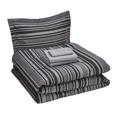 Amazon Basics 5-Piece Lightweight Microfiber Comforter Set with Sheets, Bed-in-a-Bag, Gray Calvin Striped Bedding, Twin/Twin XL