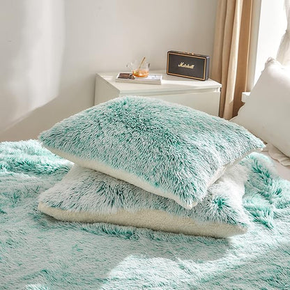 Flysheep Luxury Faux Fur Shaggy Fluffy Comforter Set Full/Queen Size Mixed Aqua and White Long Hair, 3 Pieces Plush Flannel Sherpa Backing Reversible Soft Microfiber Bedding Set Super Warm for Winter