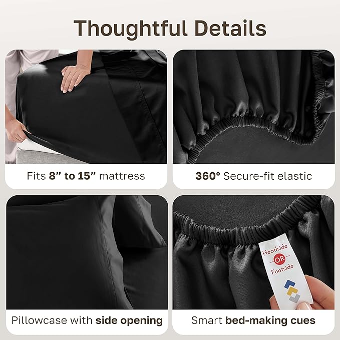California Design Den Twin XL Sheets Set - Luxury 600 Thread Count Sateen, Natural 100% Cotton Sheets, Fully Elasticized Deep Pockets, Crisp, Cool and Durable Bedding for Dorm Room - Black