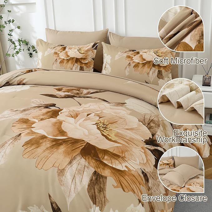 Dobuyly California King Comforter Set 7 Piece Bed in a Bag, Taupe Floral Printed on Khaki Fall Comforter Set with Sheets, Soft Microfiber Farmhouse Complete Bedding Set for All Season