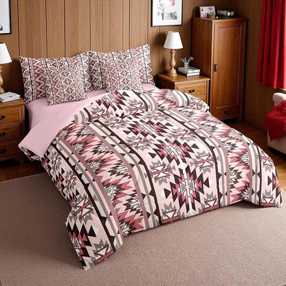 Erosebridal Pink Southwestern Bedding Set Twin 7 Piece Exotic Aztec Nordic Style Comforter Set Western Ethnic Geometric Stripes Bed in A Bag Rustic Tribal Native Bohemian Quilt with Flat Fitted Sheet