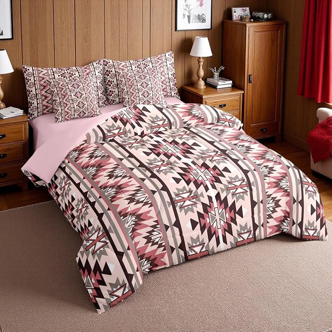 Erosebridal Pink Southwestern Bedding Set Full 7 Piece Exotic Aztec Nordic Style Comforter Set Western Ethnic Geometric Stripes Bed in A Bag Rustic Tribal Native Bohemian Quilt with Flat Fitted Sheet