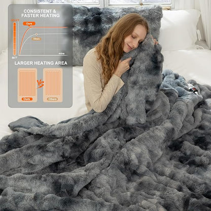 Faux Fur King Size Heated Blanket 100"X90" - Bubble Faux Fur Electric Blanket Fluffy Soft Thick with 6 Heating Levels & 10 hrs Timer Settings, Washable & ETL Certified for Bed, Tie-Dye Blue