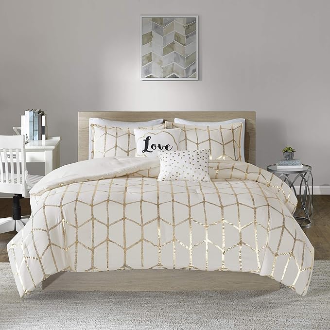 Intelligent Design Raina King/Cal King Comforter Set, Soft Microfiber, Modern Geometric Metallic Bed Set, 5 Pieces College Bedding with 2 Shams, 2 Toss Pillows Ivory/Gold