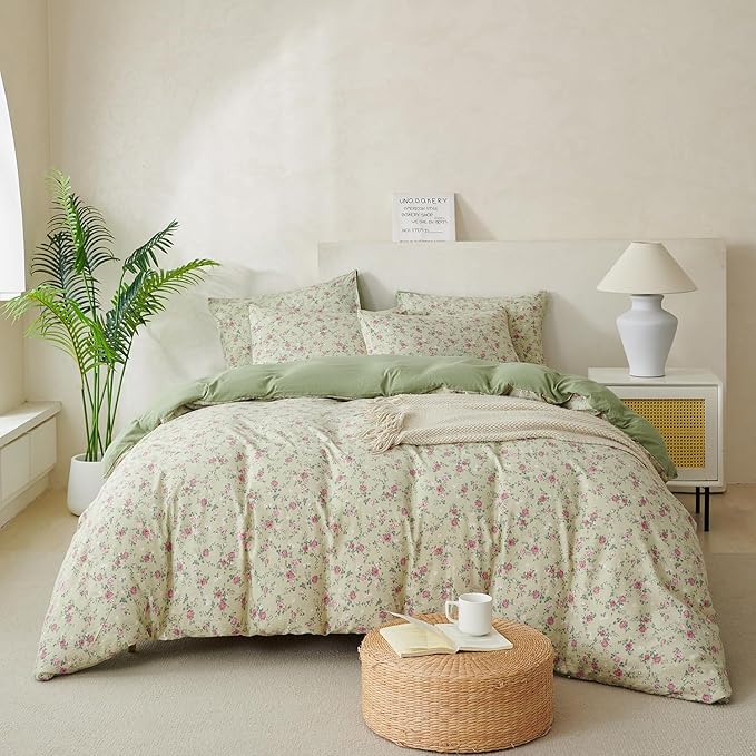 Floral Comforter Queen Set 3 Pieces Soft Cute Fresh Floral Bedding Lightweight Garden Style Floral Botanical Comforter for All Seasons and 2 Pillowcases