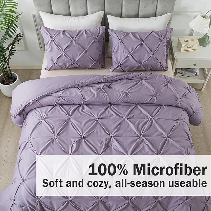 Andency Grayish Purple Pinch Pleat Comforter Full Size(79x90Inch), 3 Pieces(1 Pintuck Comforter and 2 Pillowcases) Lightweight Soft Microfiber Bedding Set for Women Men