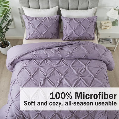 Andency Grayish Purple Pinch Pleat Comforter Full Size(79x90Inch), 3 Pieces(1 Pintuck Comforter and 2 Pillowcases) Lightweight Soft Microfiber Bedding Set for Women Men