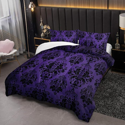 Violet Gothic Floral Print Comforter Set Twin Size,Vintage Damask Floral Bedding Set,Bohemian Exotic Printed Quilted Set for Teens Adult,with 1 Comforter and 2 Pillow Case