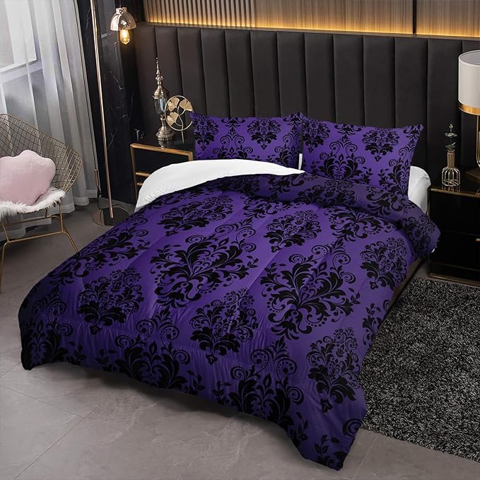 Violet Gothic Floral Print Comforter Set Full Size,Vintage Damask Floral Bedding Set,Bohemian Exotic Printed Quilted Set for Teens Adult,with 1 Comforter and 2 Pillow Case