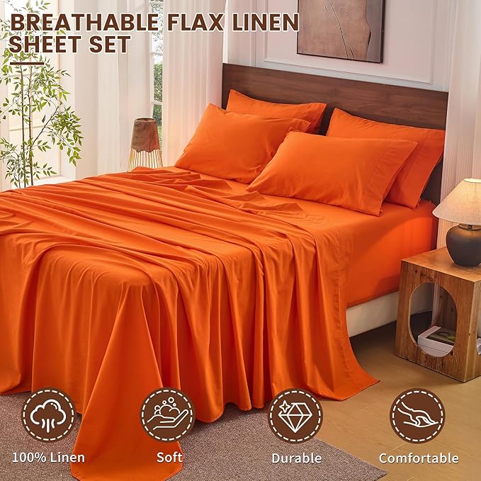 Bedlifes 100% French Linen Sheets California King Size 18-24" Extra Deep Pocket 4-Piece Set Breathable & Moisture-Wicking,Soft & Durable Sheets for Thick Mattresses(Orange)