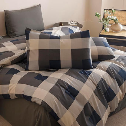 CLOTHKNOW Blue Plaid Full Size Comforter Sets Gingham Bedding Comforter Sets Geometric Comforter Full Sets with 2 x Pillow Cases