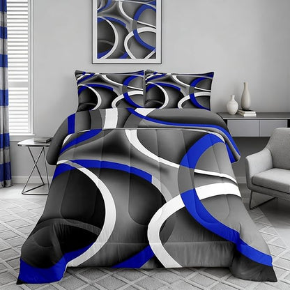Castle Fairy Circle Comforter Set Twin Size for Boys Kids - Gray Black Blue Swirls Room Decor Abstract Stripes Teens Bedroom Retro Style Bedding Set with 1 Pillow Case - Lightweight Warm Soft