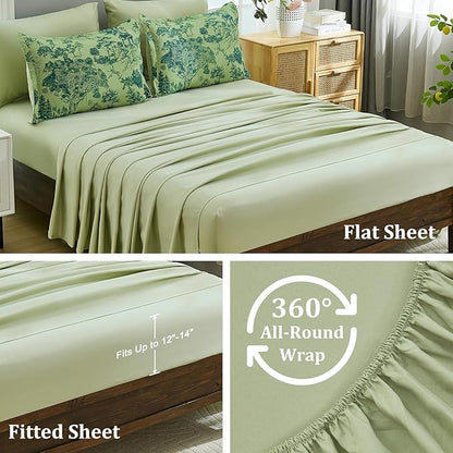 DJY King Size Comforter Sets, 7 Pieces Bed in a Bag King Green Botanical Comforter Set with Sheets, White Elegant Plants Print Soft Microfiber Reversible Complete Bedding Sets for All Season