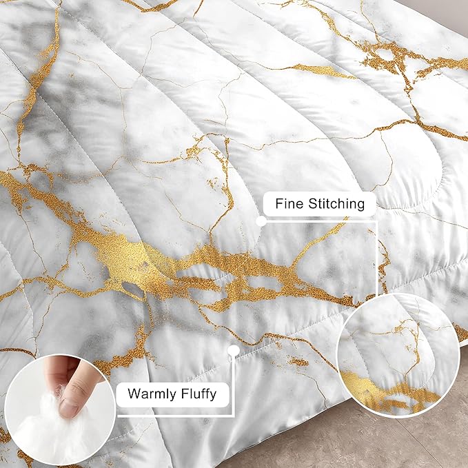 Marble White Gold Comforter Set Queen Size Glitter Golden Stripes Bedding Set Light Grey White Gold Quilt Set Luxury Marbling Texture Bed Set for Bedroom Decor with 1 Comforter + 2 Pillow Cases