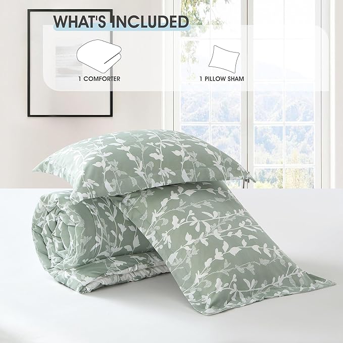 Sage Green Comforter Set, Twin Size, Vivid Leaves Branch 2 Pieces Bedding Set, Soft Polyester Microfiber Print, All Seasons, 1 Lightweight Comforter and 1 Pillow Sham