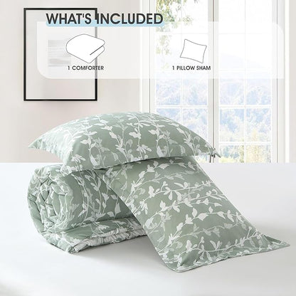 Sage Green Comforter Set, Twin Size, Vivid Leaves Branch 2 Pieces Bedding Set, Soft Polyester Microfiber Print, All Seasons, 1 Lightweight Comforter and 1 Pillow Sham
