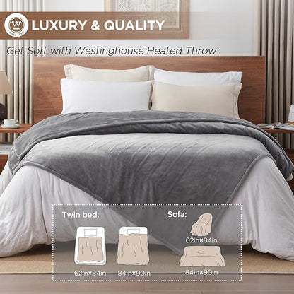 Westinghouse Heated Twin Blanket - Electric With 10 Heating Levels, 1-12 Hours Auto Shut Off, Fast Warming, Machine Washable (62x84 Inches, Light Grey)