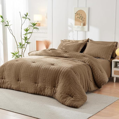 HYMOKEGE Brown Queen Comforter Set Seersucker 7 Pieces, All Season Luxury Bed in a Bag Queen for Bedroom, Bedding Set with Comforter, Sheets, Pillowcases & Shams