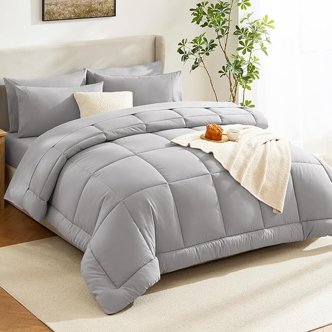 CozyLux Queen Size Comforter Sets French Grey, 7 Pieces Bed in a Bag, Grey Comforter Queen Size, All Season Bedding Sets with Stitch Quilted Comforter, Flat Sheet, Fitted Sheet, Pillowcases