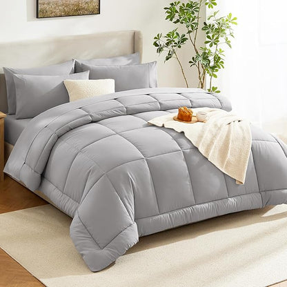 CozyLux King Size Comforter Set French Grey, 7 Pieces Bed in a Bag, Grey Comforter King Size, All Season Bedding Sets with Stitch Quilted Comforter, Flat Sheet, Fitted Sheet, Pillowcases