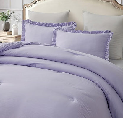 Chezmoi Collection Nora Lavender Comforter Set Queen Size 3-Piece Lightweight Fluffy Soft Lightweight Bedding Ruffled Edge Trim Stone-Washed Microfiber Comforter Set for All Season